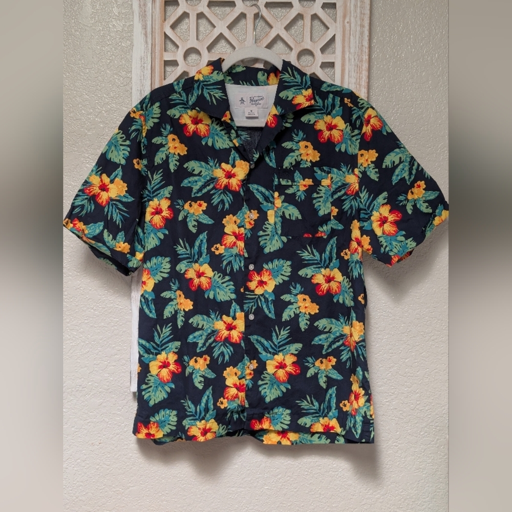 Penguin mens M blue floral yellow hibiscus short sleeve button down aloha shirt